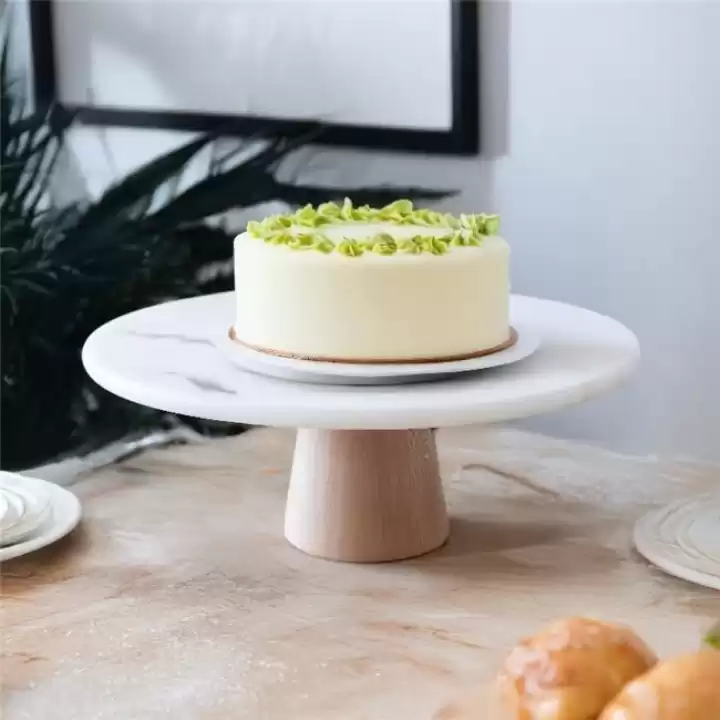 Akayev Mermer 28 Cm Konik Ahşap Ayaklı Beyaz Yuvarlak Sunum Tabağı