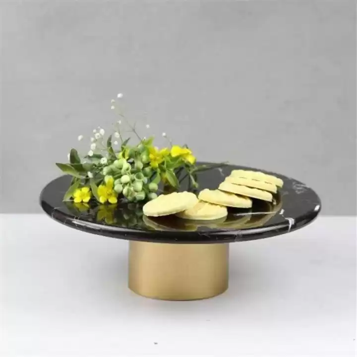 Akayev Mermer 28 Cm Metal Ayaklı Siyah Yuvarlak Sunum Tabağı