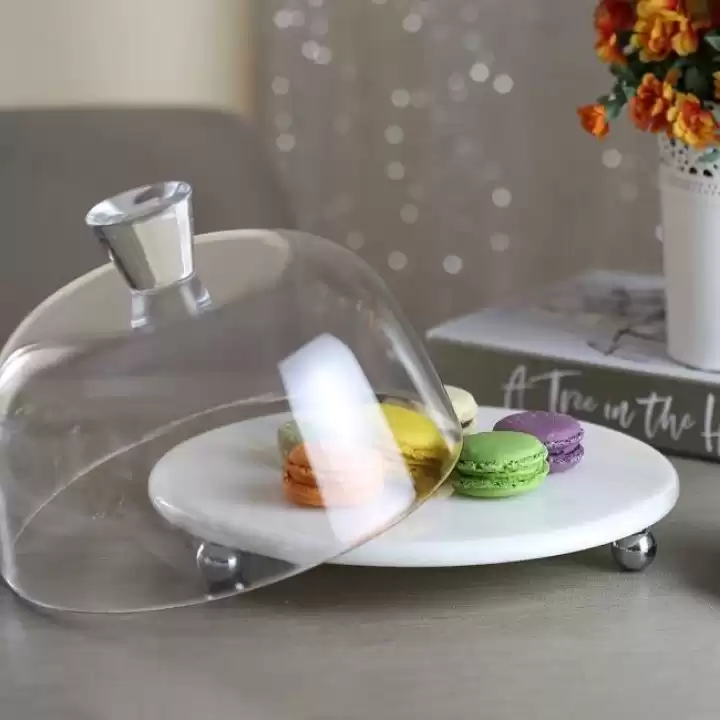 Akayev Mermer Beyaz 25 Cm Gümüş Boncuk Ayak Cam Fanus