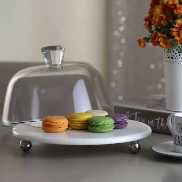 Akayev Mermer Beyaz 25 Cm Gümüş Boncuk Ayak Cam Fanus