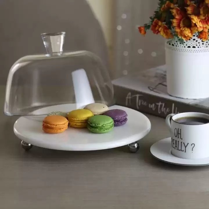 Akayev Mermer Beyaz 25 Cm Gümüş Boncuk Ayak Cam Fanus