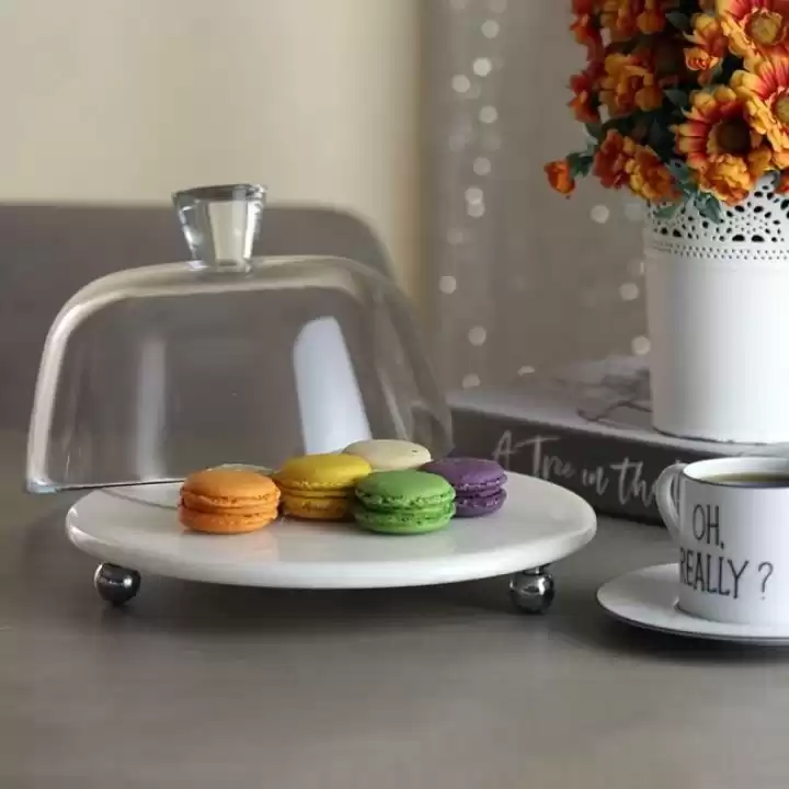 Akayev Mermer Beyaz 25 Cm Gümüş Boncuk Ayak Cam Fanus