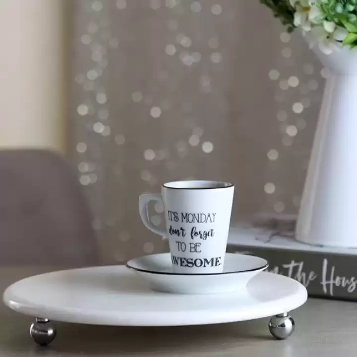 Akayev Mermer Beyaz 25 Cm Gümüş Boncuk Ayak Yuvarlak Sunumluk