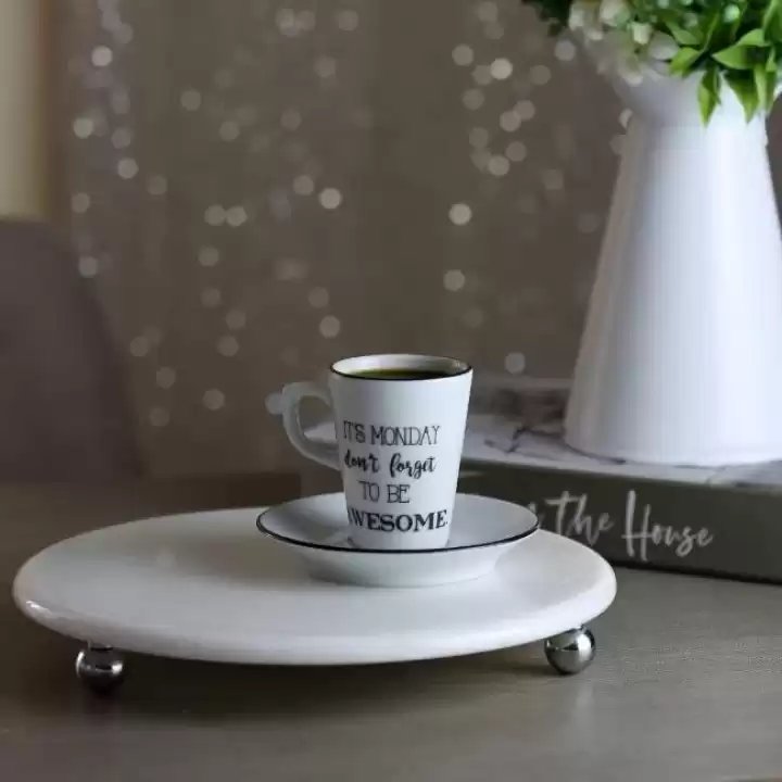 Akayev Mermer Beyaz 25 Cm Gümüş Boncuk Ayak Yuvarlak Sunumluk