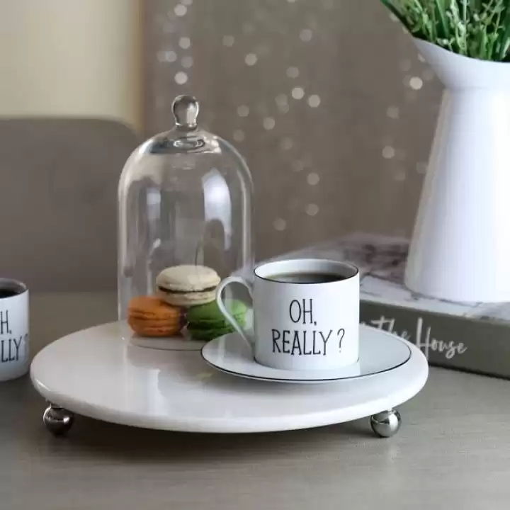 Akayev Mermer Beyaz 28 Cm Gümüş Boncuk Ayak Yuvarlak Sunumluk
