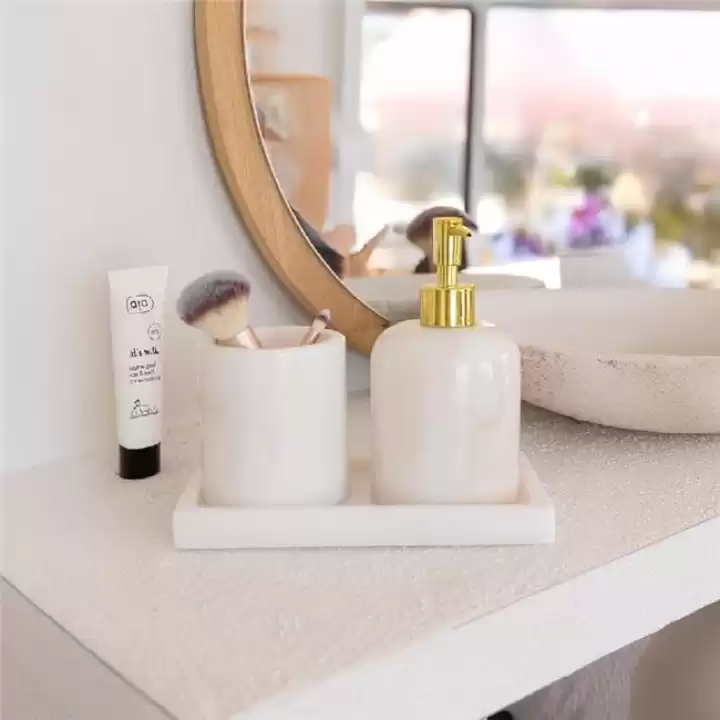 Akayev Mermer Beyaz 3 Parça Banyo Seti Mutfak Sıvı Sabunluk Seti