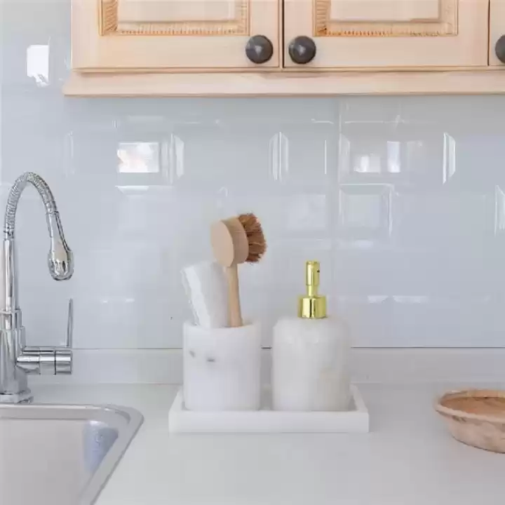 Akayev Mermer Beyaz 3 Parça Banyo Seti Mutfak Sıvı Sabunluk Seti