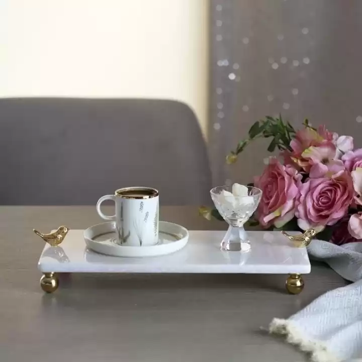 Akayev Mermer Beyaz 30x15 Cm Altın Ayak Kuş Sunum Tabağı