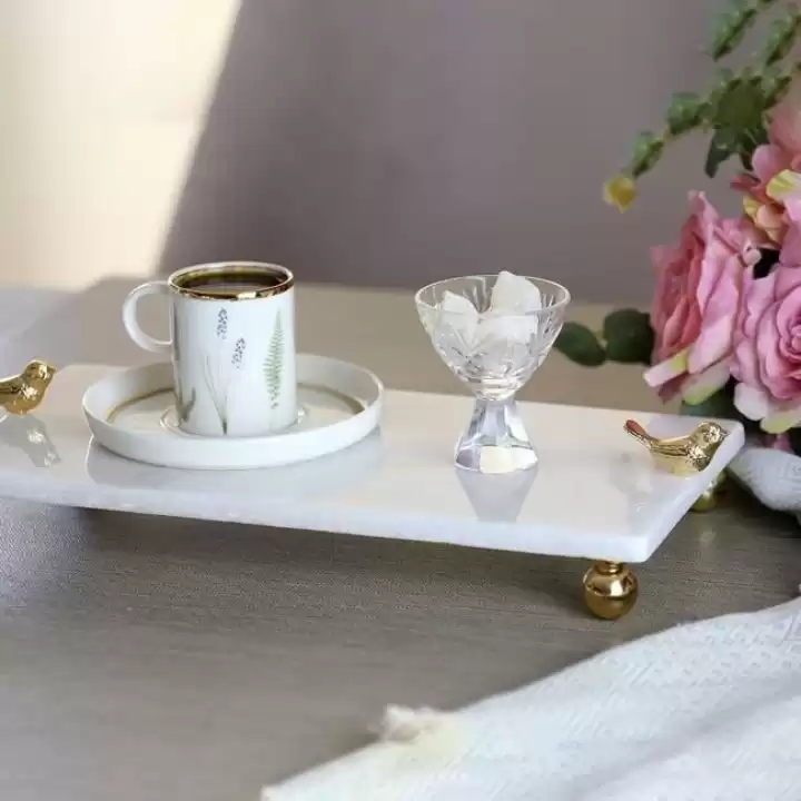 Akayev Mermer Beyaz 30x15 Cm Altın Ayak Kuş Sunum Tabağı