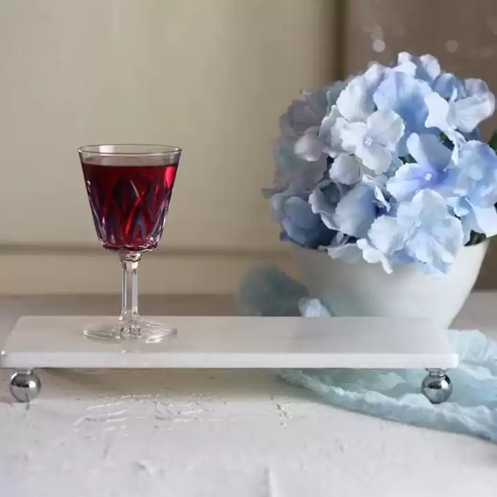 Akayev Mermer Beyaz 30x15 cm Gümüş Boncuk Ayaklı Sunum Tabağı