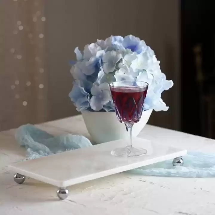 Akayev Mermer Beyaz 30x15 cm Gümüş Boncuk Ayaklı Sunum Tabağı