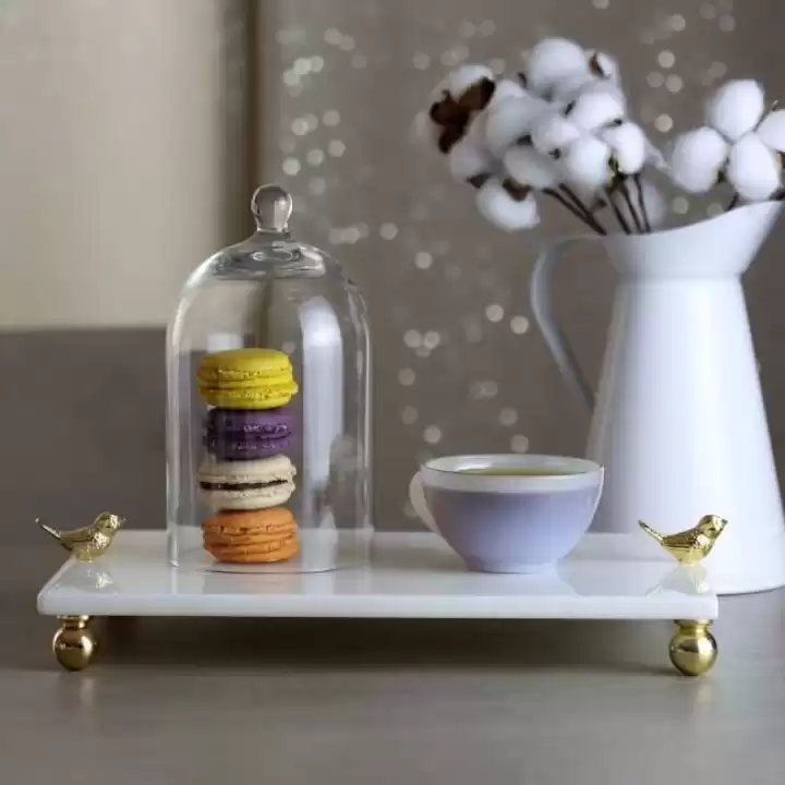 Akayev Mermer Beyaz 30x20 Cm Altın Ayak Kuş Sunum Tabağı