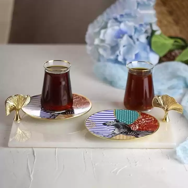 Akayev Mermer Beyaz 30x20 Cm Altın Ginkgo Sunum Tabağı