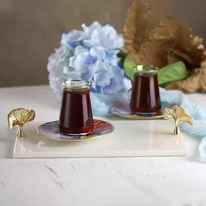 Akayev Mermer Beyaz 30x20 Cm Altın Ginkgo Sunum Tabağı