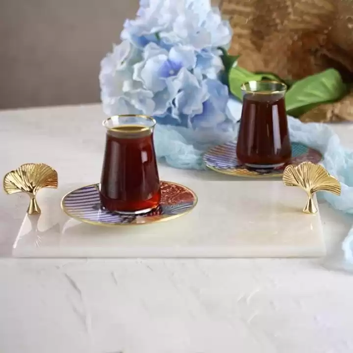 Akayev Mermer Beyaz 30x20 Cm Altın Ginkgo Sunum Tabağı