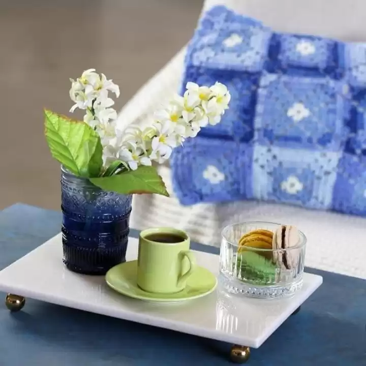Akayev Mermer Beyaz 30x20 cm Boncuk Ayaklı Sunum Tabağı