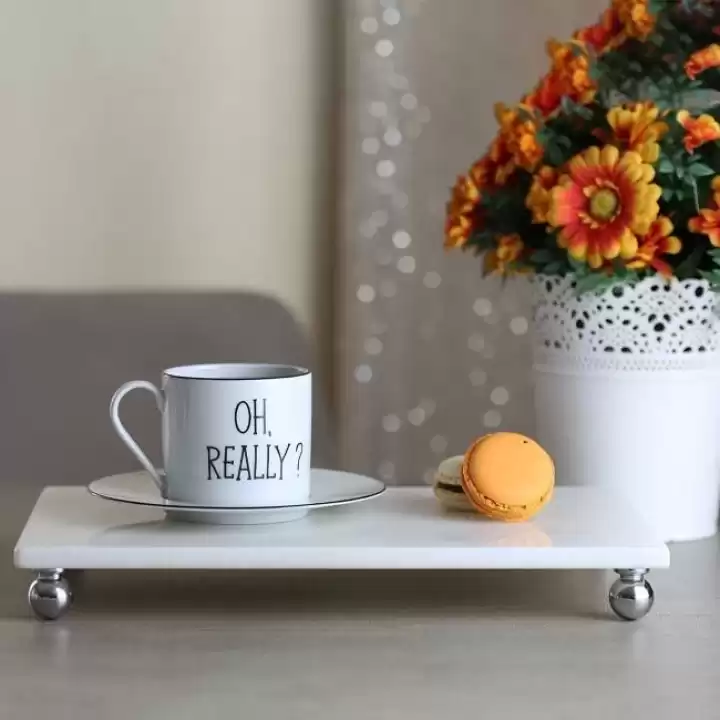 Akayev Mermer Beyaz 30x20 cm Gümüş Boncuk Ayaklı Sunum Tabağı