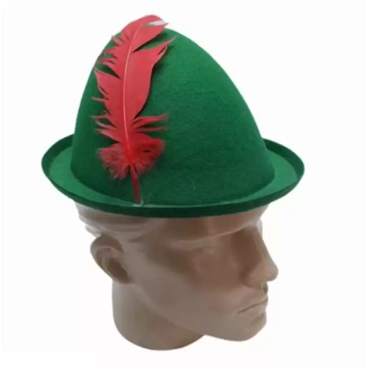 Peter Pan Şapkası Yeşil Renk Kırmızı Tüylü