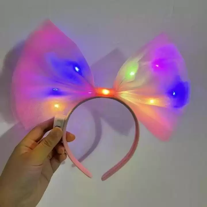 Rengarenk Led Işıklı Fiyonk Tül Parti Tacı Pembe