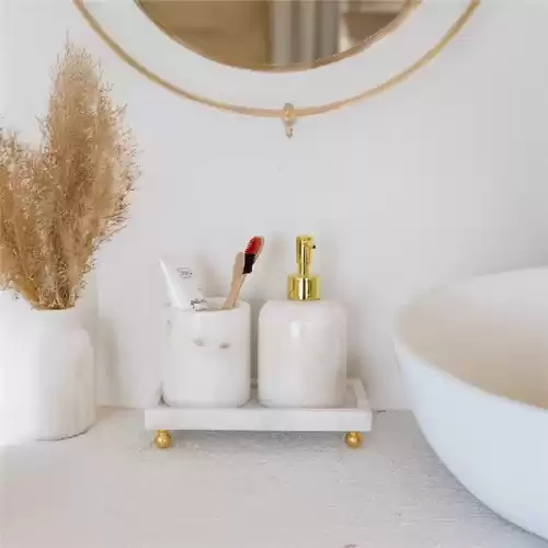 Akayev Mermer Beyaz 3 Parça Gold Ayak Banyo Seti Mutfak Sıvı Sabunluk Seti