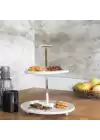 Akayev Mermer 25 Cm Beyaz Altın Boncuk Ayaklı İki Katlı Sunum Tabağı