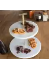 Akayev Mermer 25 Cm Beyaz Altın Boncuk Ayaklı İki Katlı Sunum Tabağı