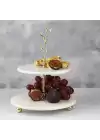 Akayev Mermer Altın Boncuk Ayaklı İki Katlı Dal Sunum Tabağı