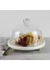 Akayev Mermer 25 Cm Altın Boncuk Ayaklı Beyaz Kalın Cam Fanus