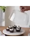 Akayev Mermer Beyaz 25 Cm Ahşap Boncuk Ayaklı Cam Fanus - Ekmek ve Kek Standı - Pasta Standı