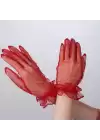 Kısa Boy Likralı Güpürlü Yetişkin Tül Eldiven Kırmızı Renk