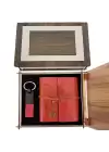 Özel Ahşap Kutulu Kiremit Rengi Deri Defter Ve Anahtarlık Set