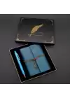 Siyah Kutulu Yaprak Desenli Mavi Deri Defter Ve Kalem Seti