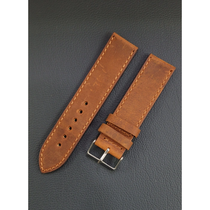 22mm Kahverengi Kiremit Renk Crazy Hakiki Deri Saat Kordonu - Toka Ölçü 22mm