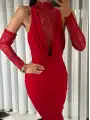 Dantel detay derin degaje yaka elbise - Kırmızı