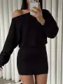 Modal kumaş kayık yaka mini elbise - Siyah