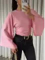 Belden oturan geniş kol bluz - Pembe