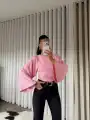 Belden oturan geniş kol bluz - Pembe