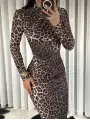 Midi boy Drapeli elbise - Leopar