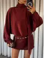 Yarasa kol kuşak detay Saten elbise- Bordo