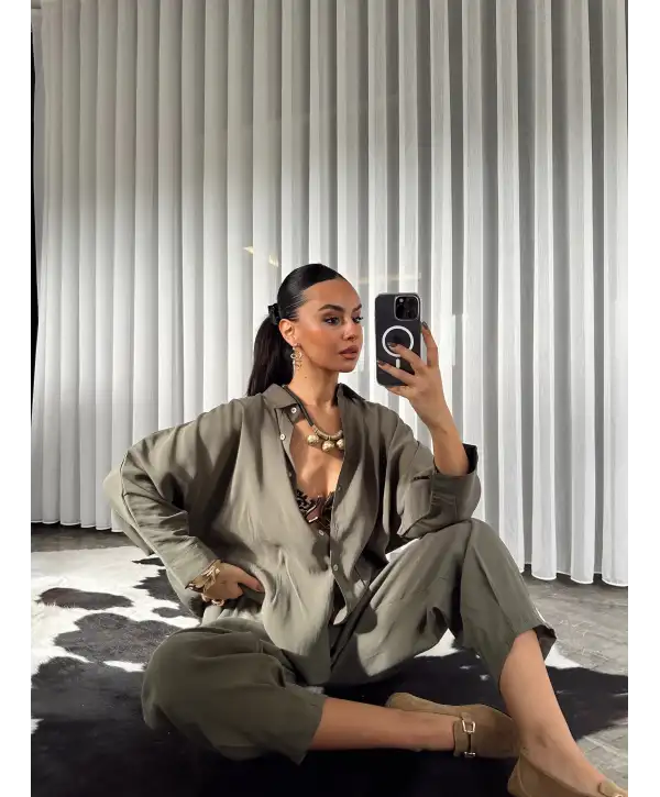 Modal kumaş paçası pensli takım - Haki