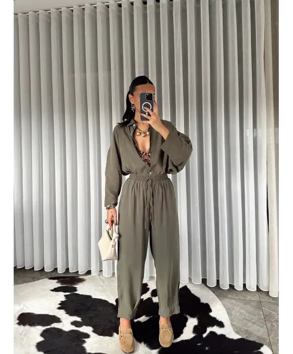 Modal kumaş paçası pensli takım - Haki