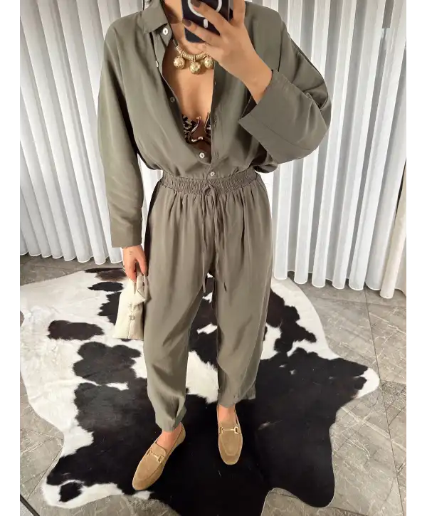 Modal kumaş paçası pensli takım - Haki