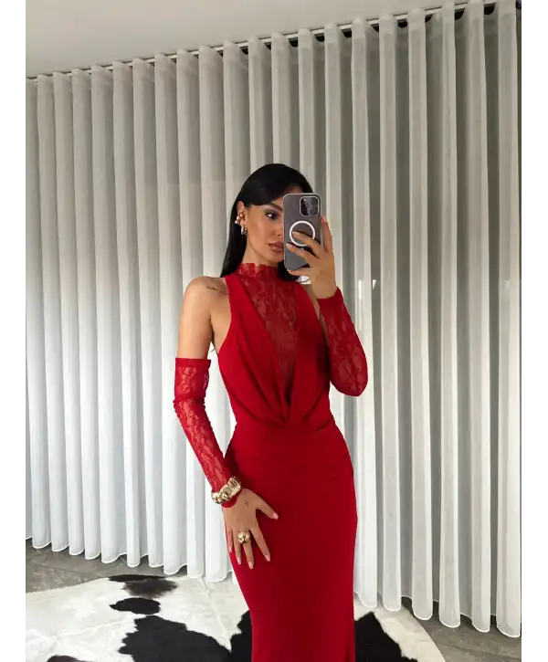 Dantel detay derin degaje yaka elbise - Kırmızı