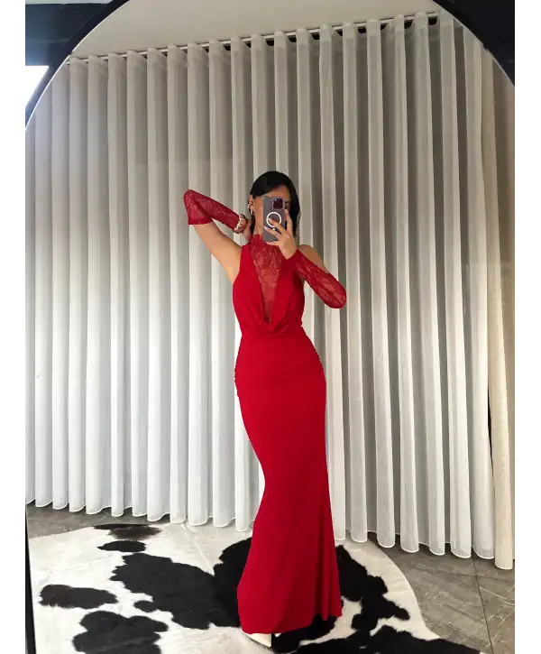 Dantel detay derin degaje yaka elbise - Kırmızı