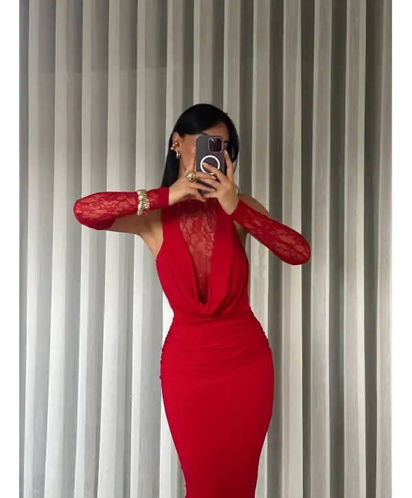 Dantel detay derin degaje yaka elbise - Kırmızı