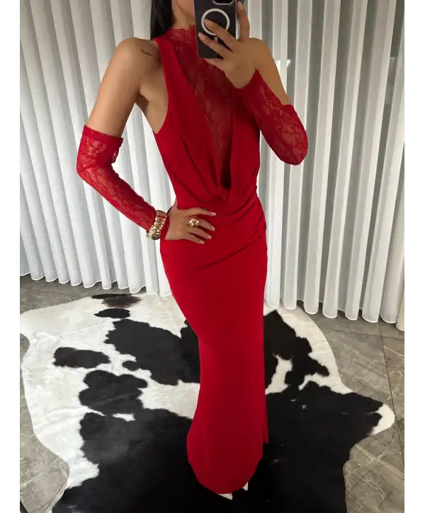 Dantel detay derin degaje yaka elbise - Kırmızı