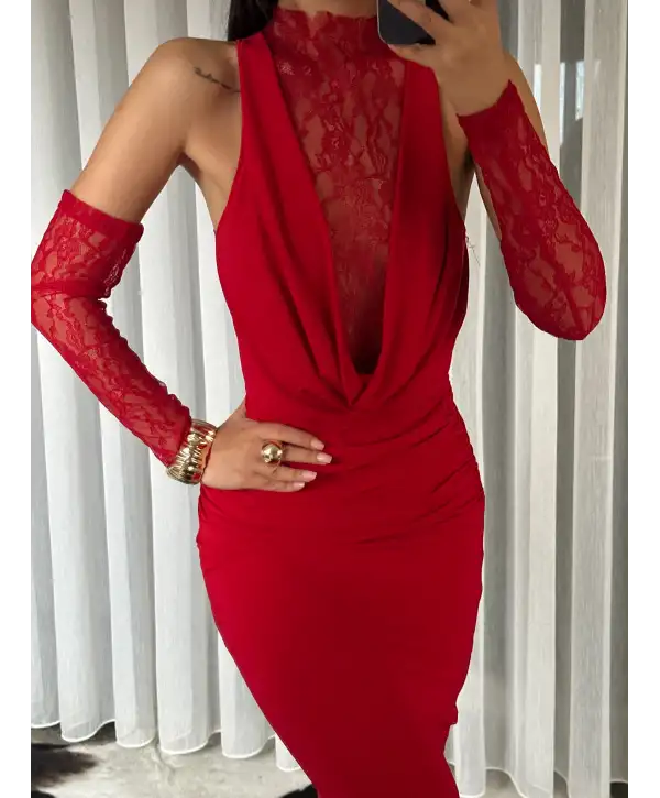 Dantel detay derin degaje yaka elbise - Kırmızı
