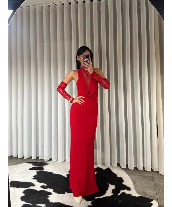 Dantel detay derin degaje yaka elbise - Kırmızı