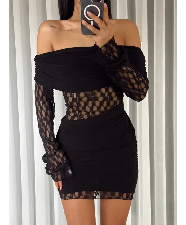 Açık omuz dantel detay elbise - Siyah