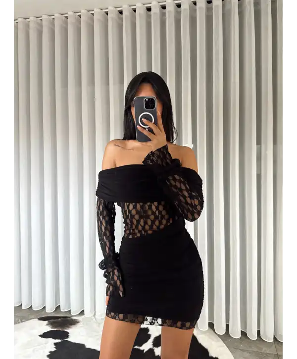 Açık omuz dantel detay elbise - Siyah